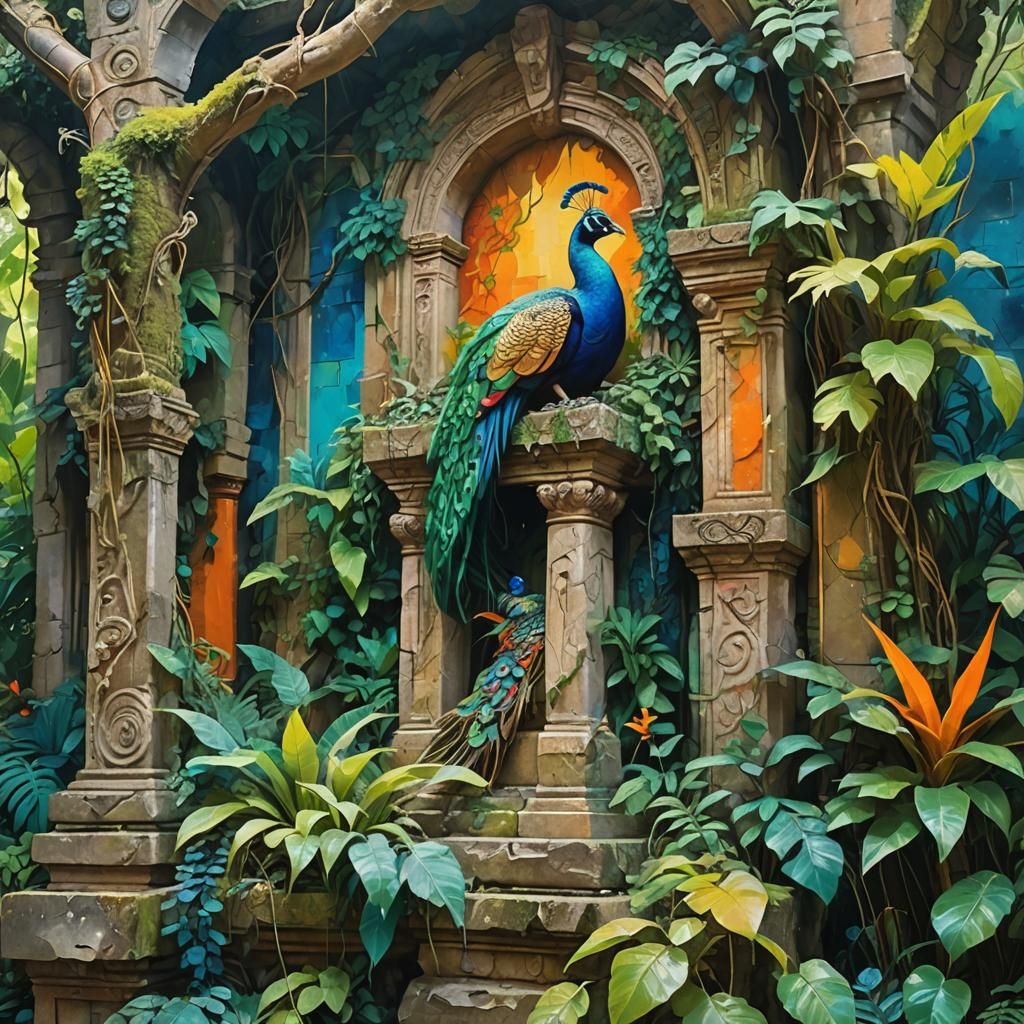 Jungle Temple with Peacock in Abstract Expressionism