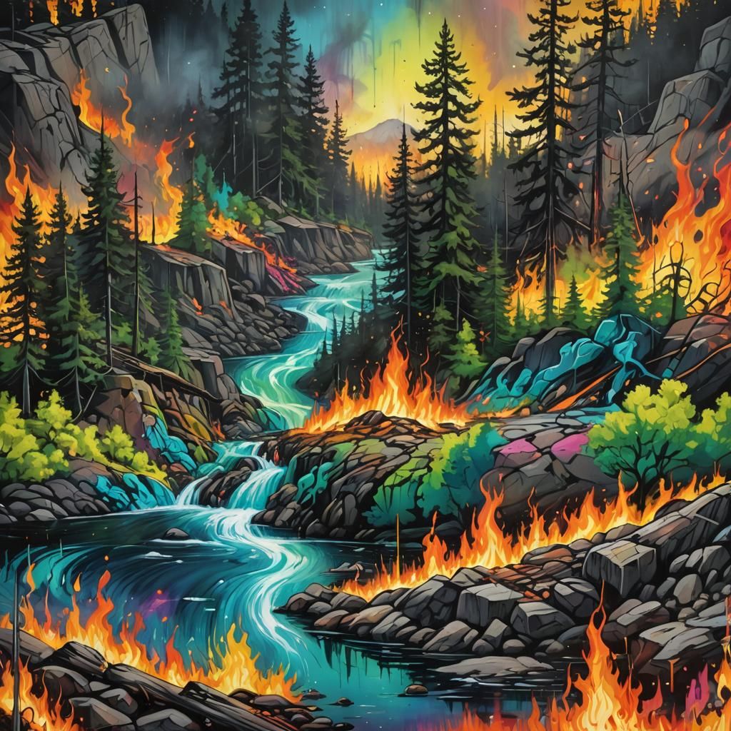 Okanagan Forest Fire Under Aurora Borealis