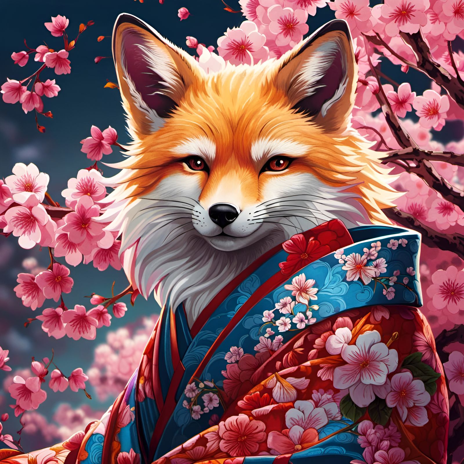 Kitsune in Kimono with Cherry Blossoms