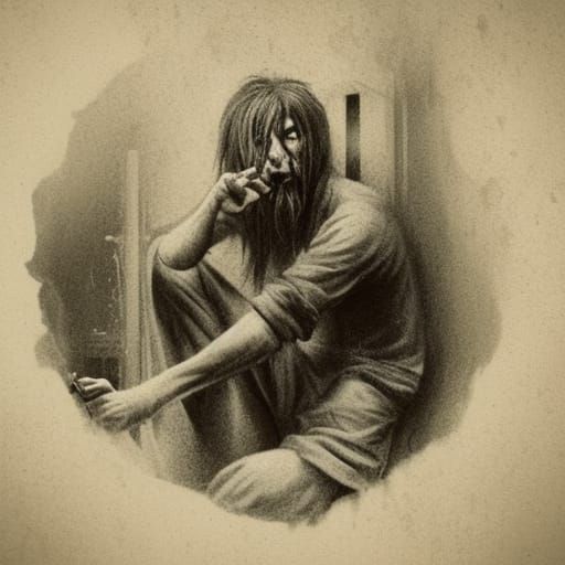 Disturbing Asylum Scene: Mental Patient Carving Arm