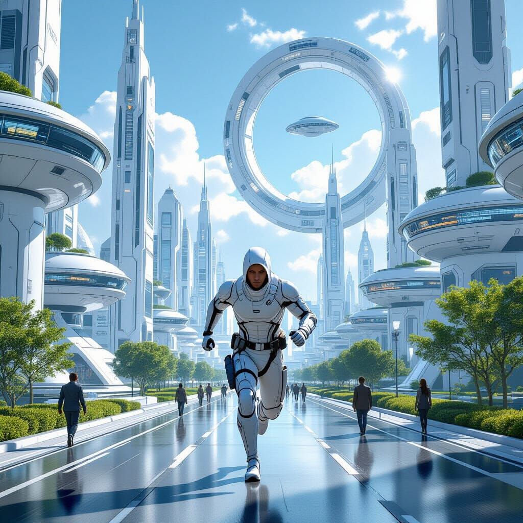 Ninja Runs Through Gleaming Futuristic City