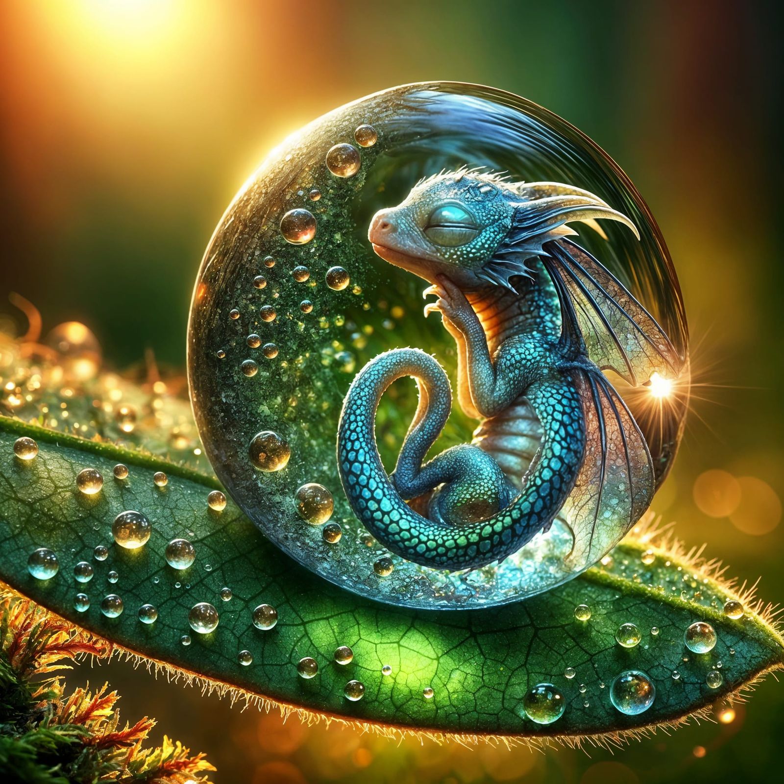 Whimsical Dewdrop Dragon Scene in Iridescent Hues
