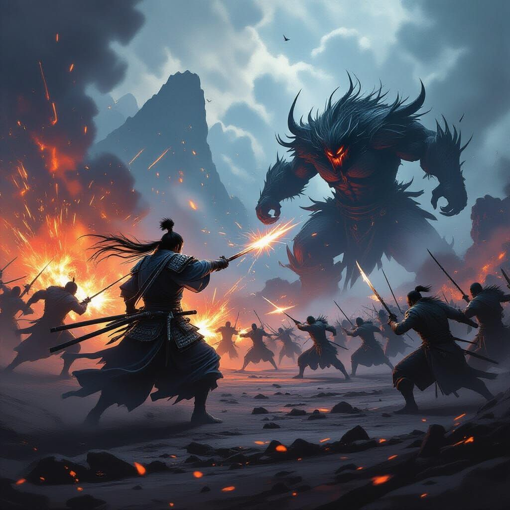 Samurai Leads Charge Against Shadow Horde on Volcanic Plain