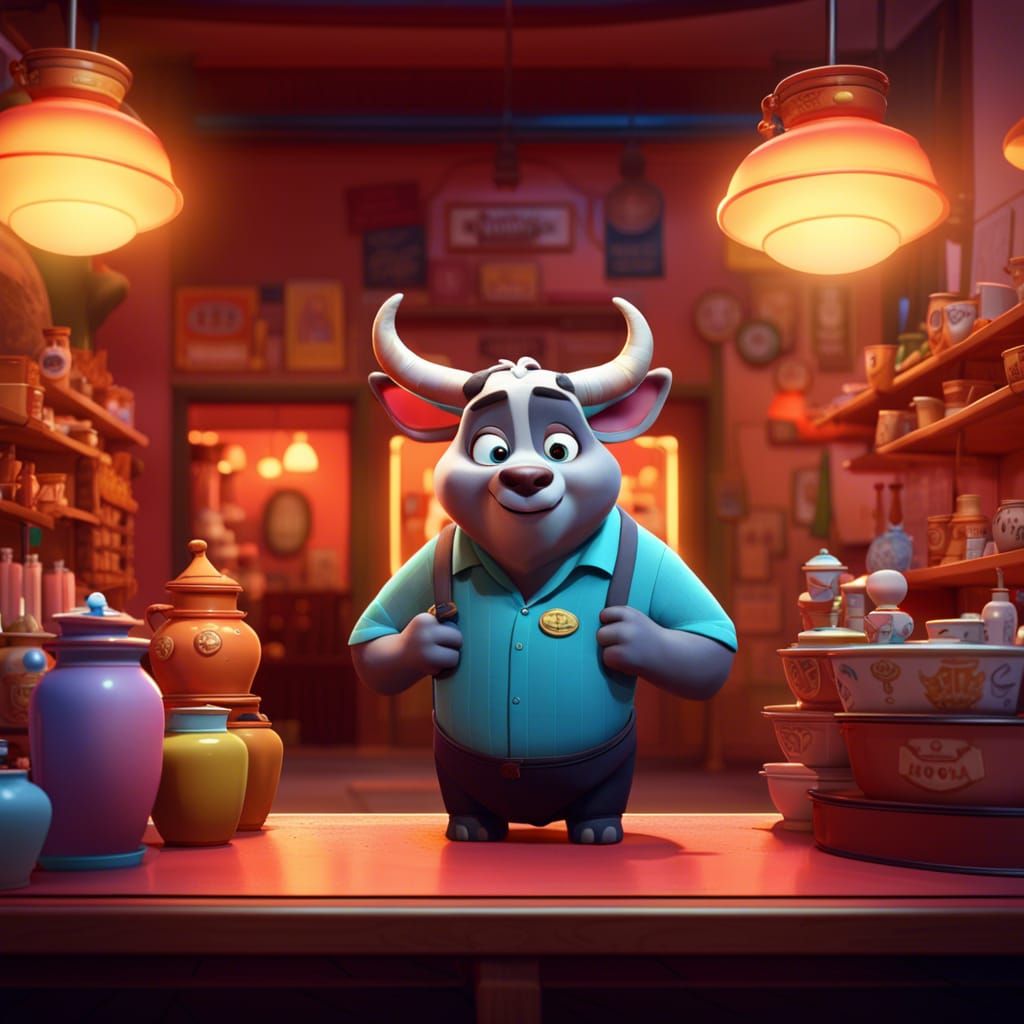 Cartoon Bull in China Shop: Pixar-Style 3D Art