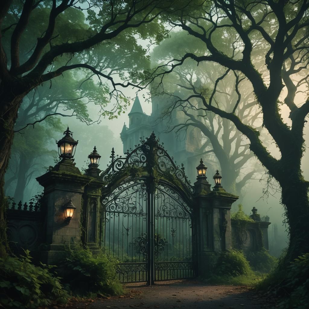 Eerie Gothic Mansion in Misty Woods at Sunset