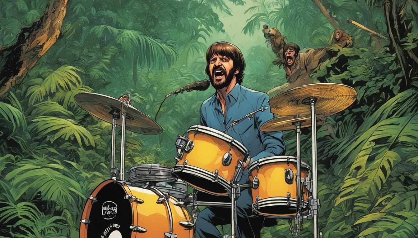 Ringo Starr playing his drums and doing a Tarzan yell in the jungle Mark Brooks and Dan Mumford, comic book art, perfec...