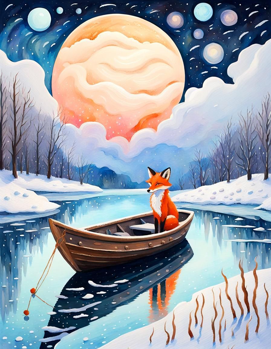 Winter River Scene with Fox in Impressionist Style