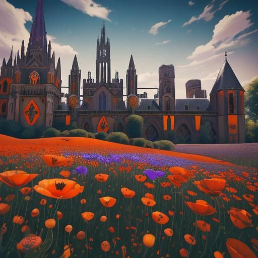 Surreal Poppy Field and Gothic Buildings in Juxtaposition