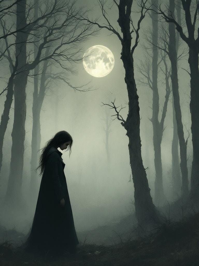 Contemplative Woman in Misty Forest, Digital Art