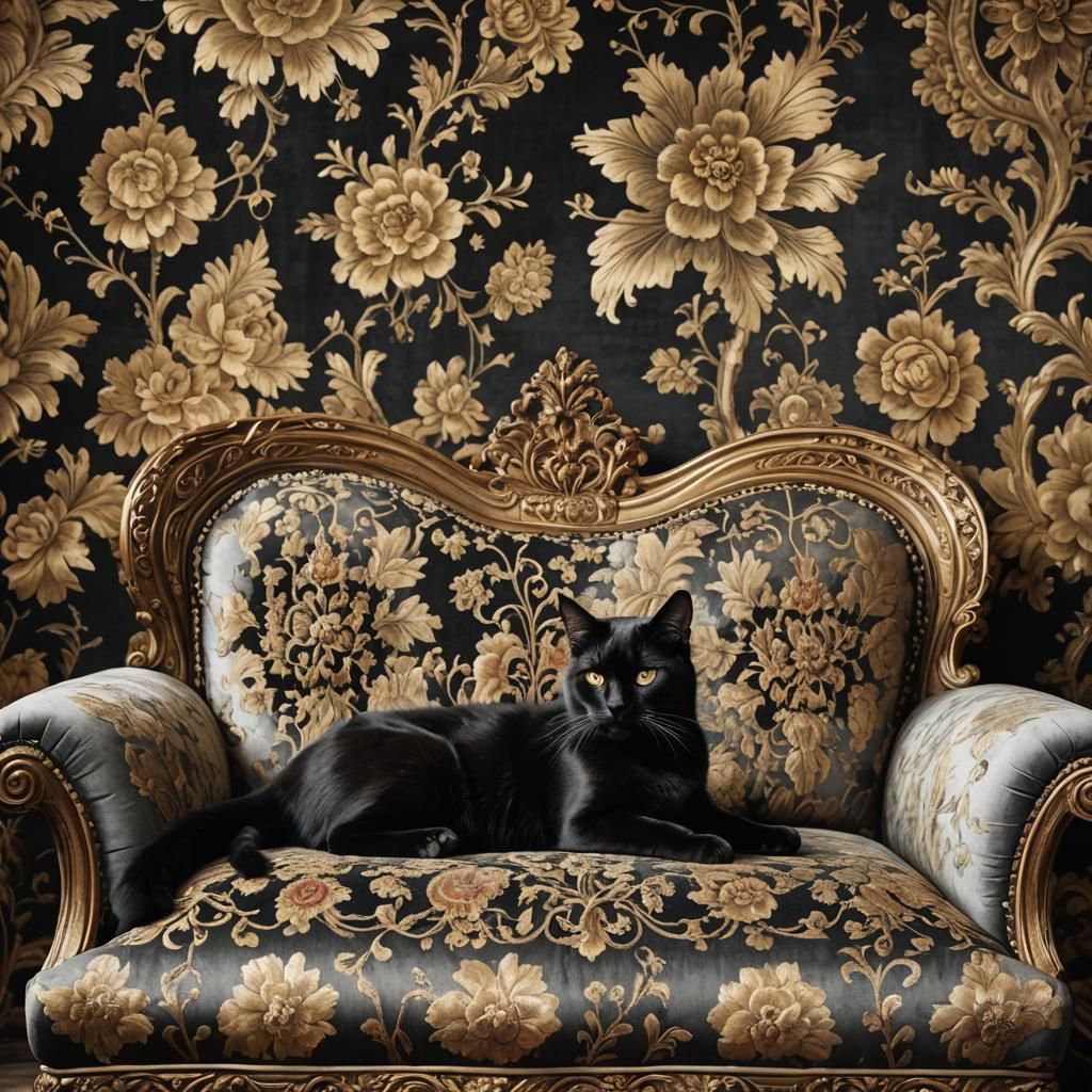 Elegant Black Cat on Opulent Sofa