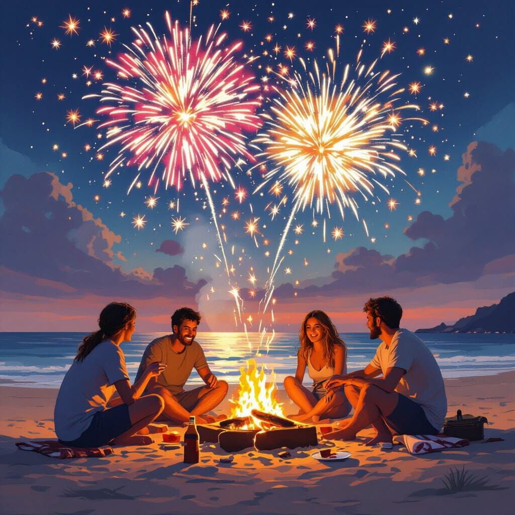 Beach Barbecue with Fireworks in Painterly Style