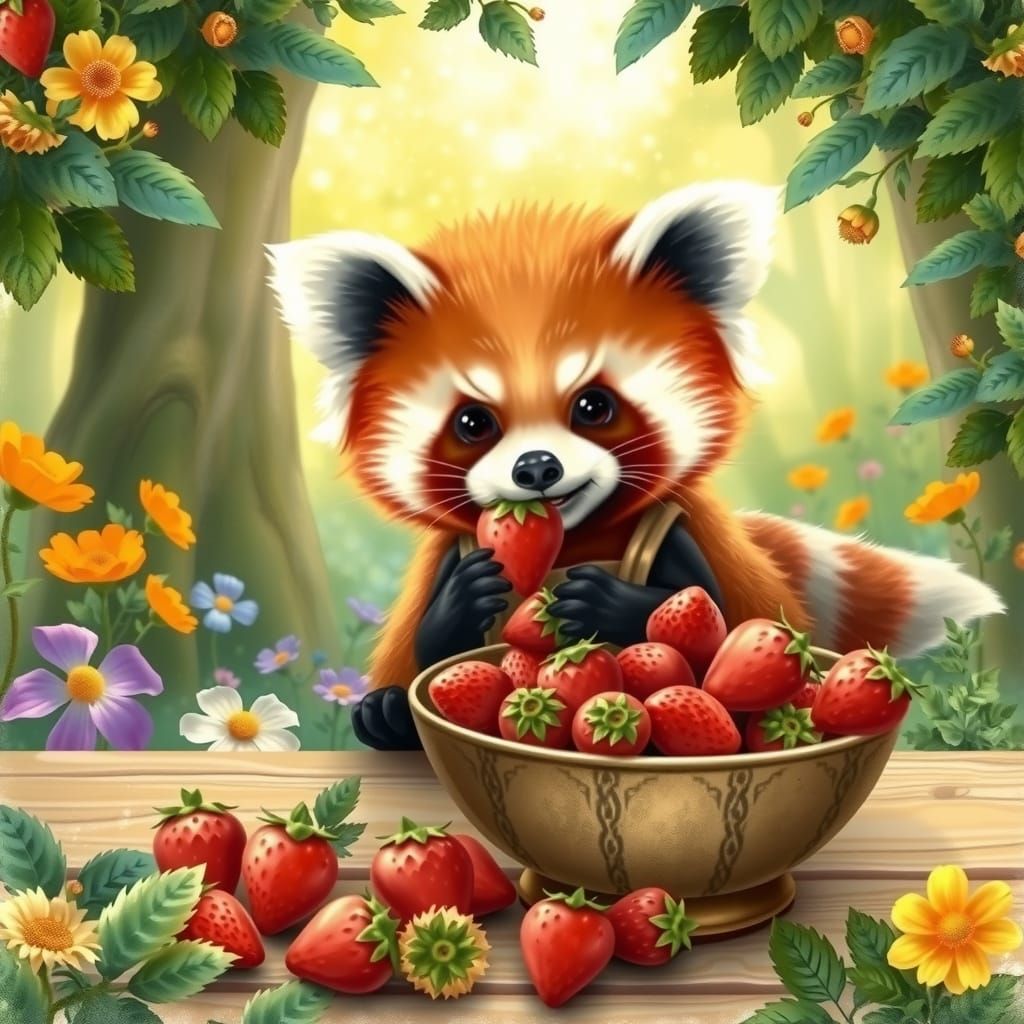 Gentle Red Panda Savoring Strawberry in Whimsical Forest Gla...