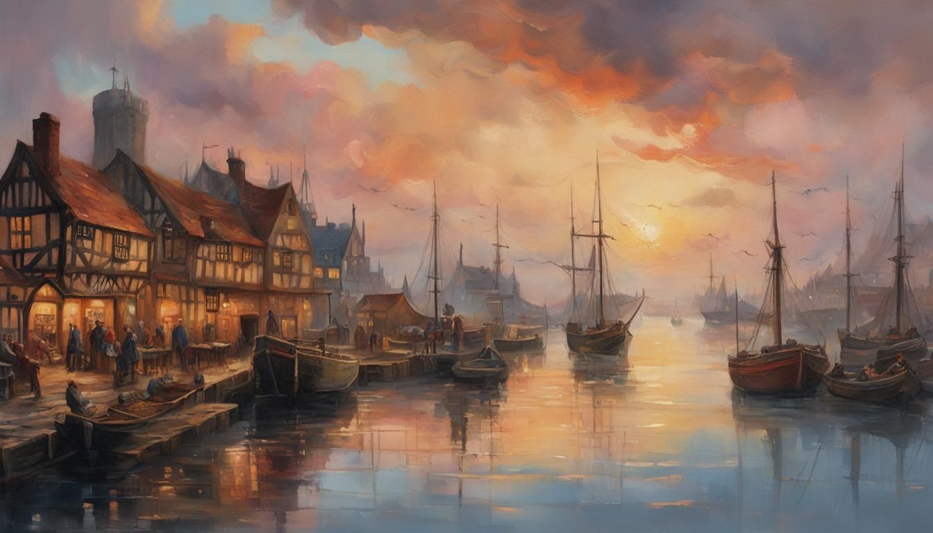 Tudor harbour beneath a golden autumn sunset.