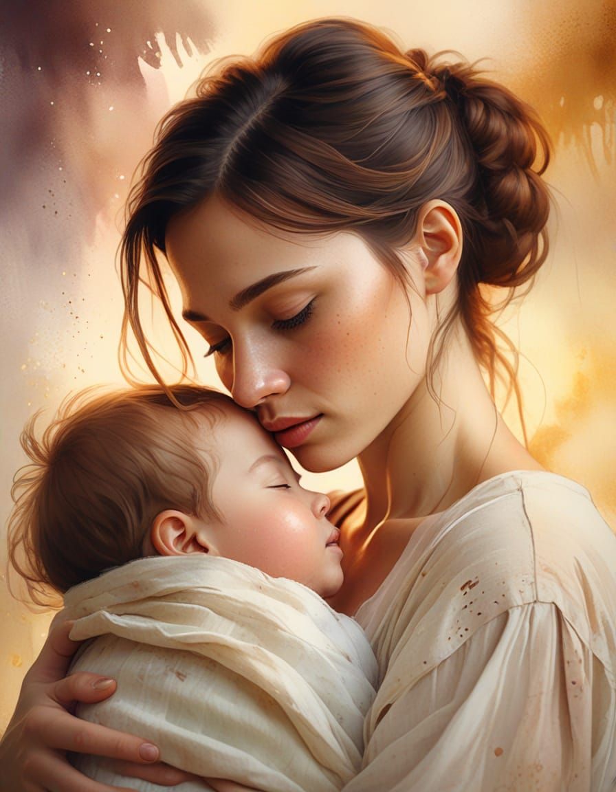 Watercolor Portrait of Mother and Newborn Baby