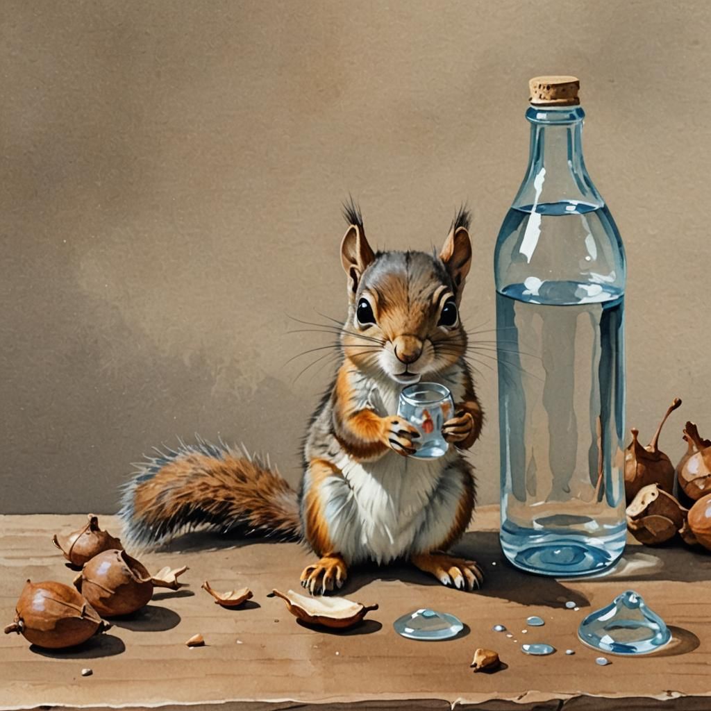 Cute Squirrel and Water Bottle in Gouache Style