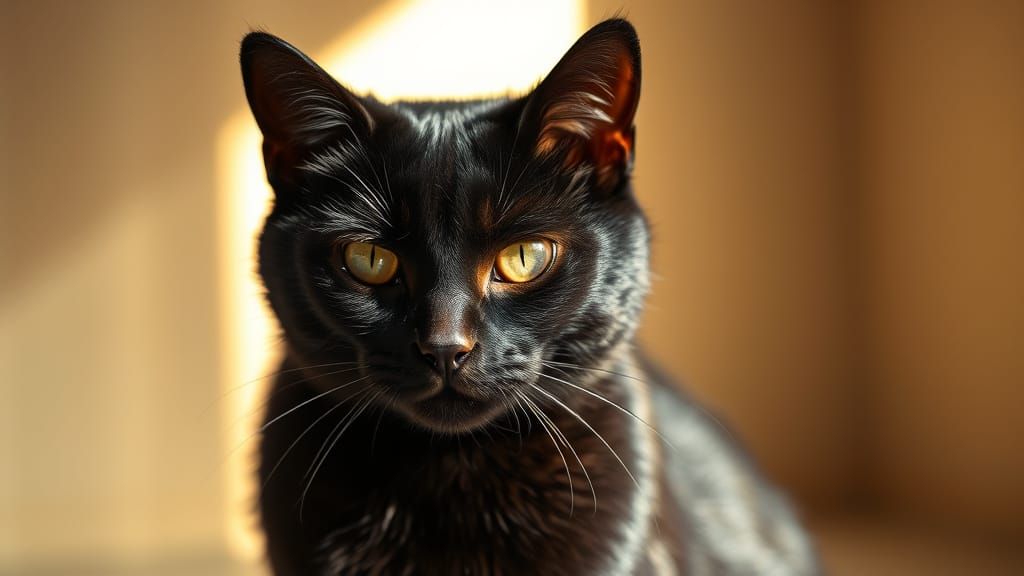 Sleek Black Cat Basks in Warm Sunlight