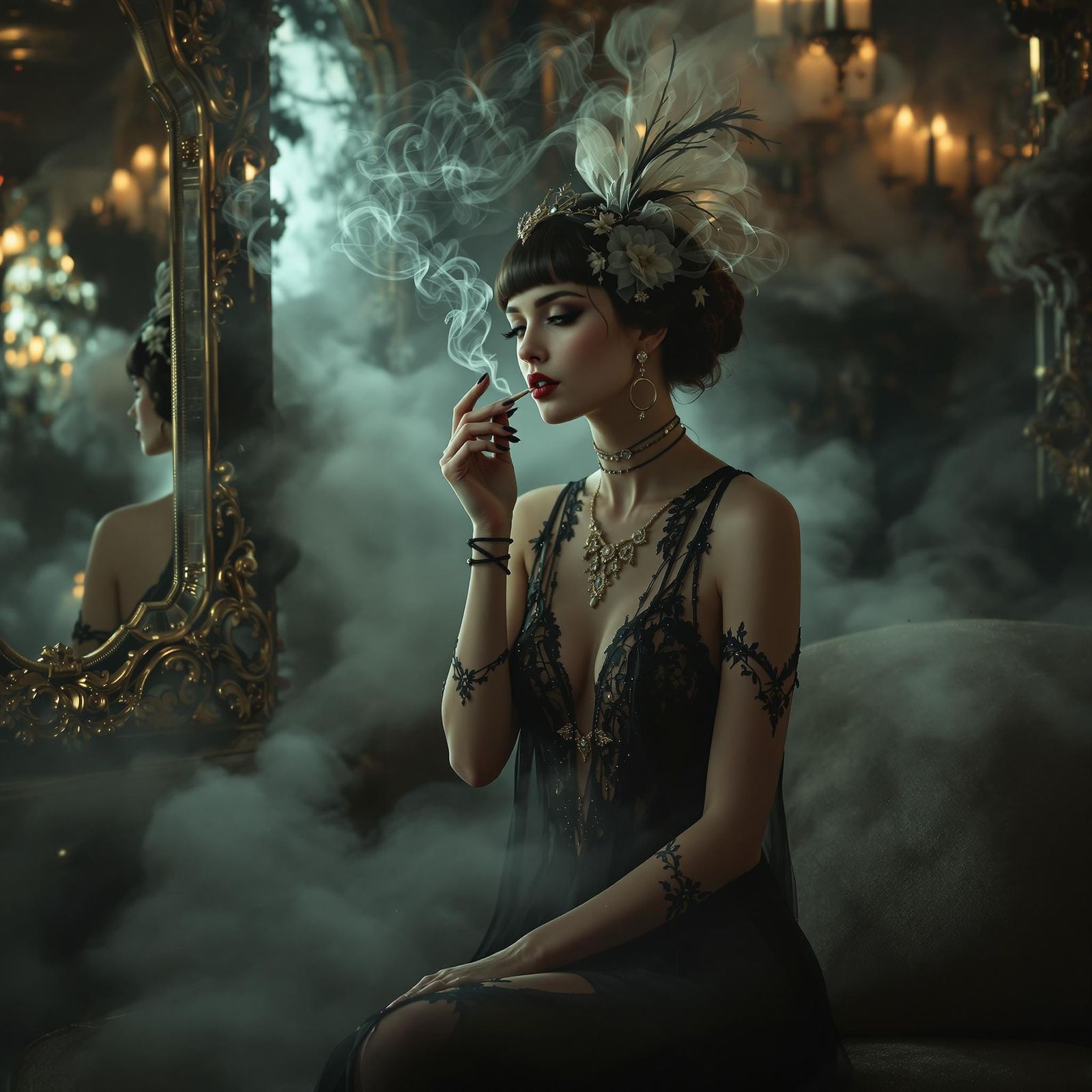 Mystical Woman in Flapper Dress, Surrounded by Smoke and Ant...
