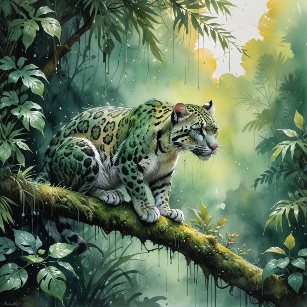 Verdant Rainforest with Clouded Leopard in Watercolour Style