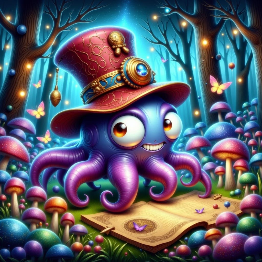 Mystical Cephalopod Adventurer in Vibrant Forest