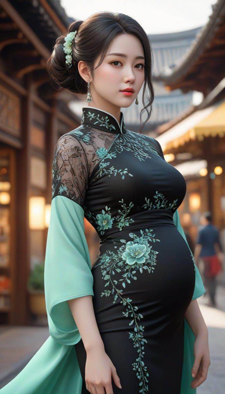 Pregnant Woman in Qipao at Fantasy Bazaar