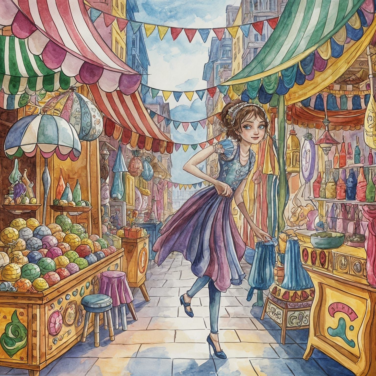 Floating City Bazaar Street Performer in Watercolor
