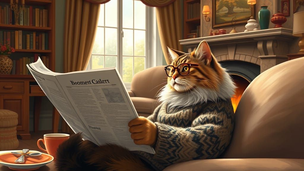 Boomer Cat Enjoying Tea in Cozy Living Room