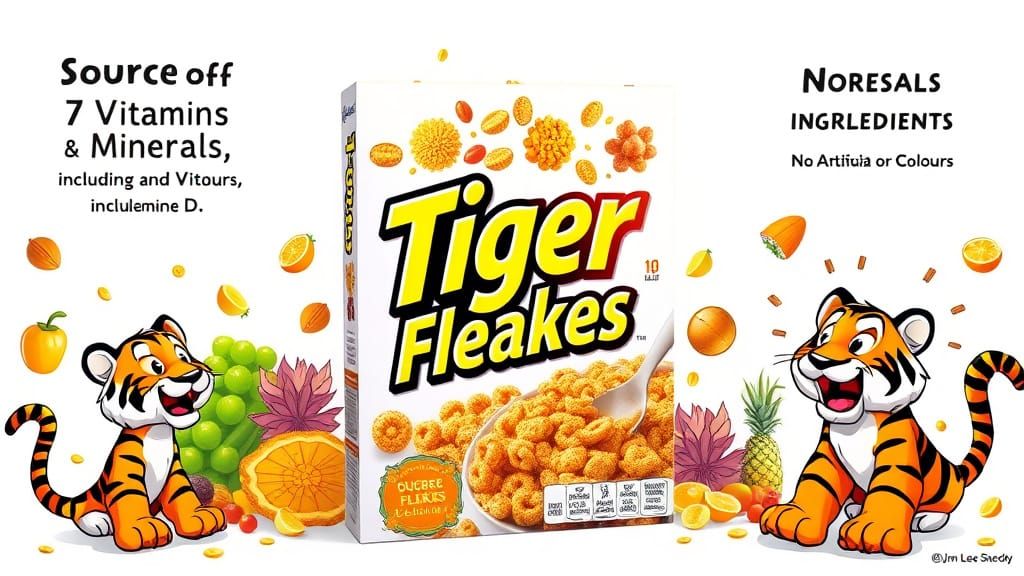 Tiger Flakes Cereal: Fun, Vibrant Retro Comic Advertisement
