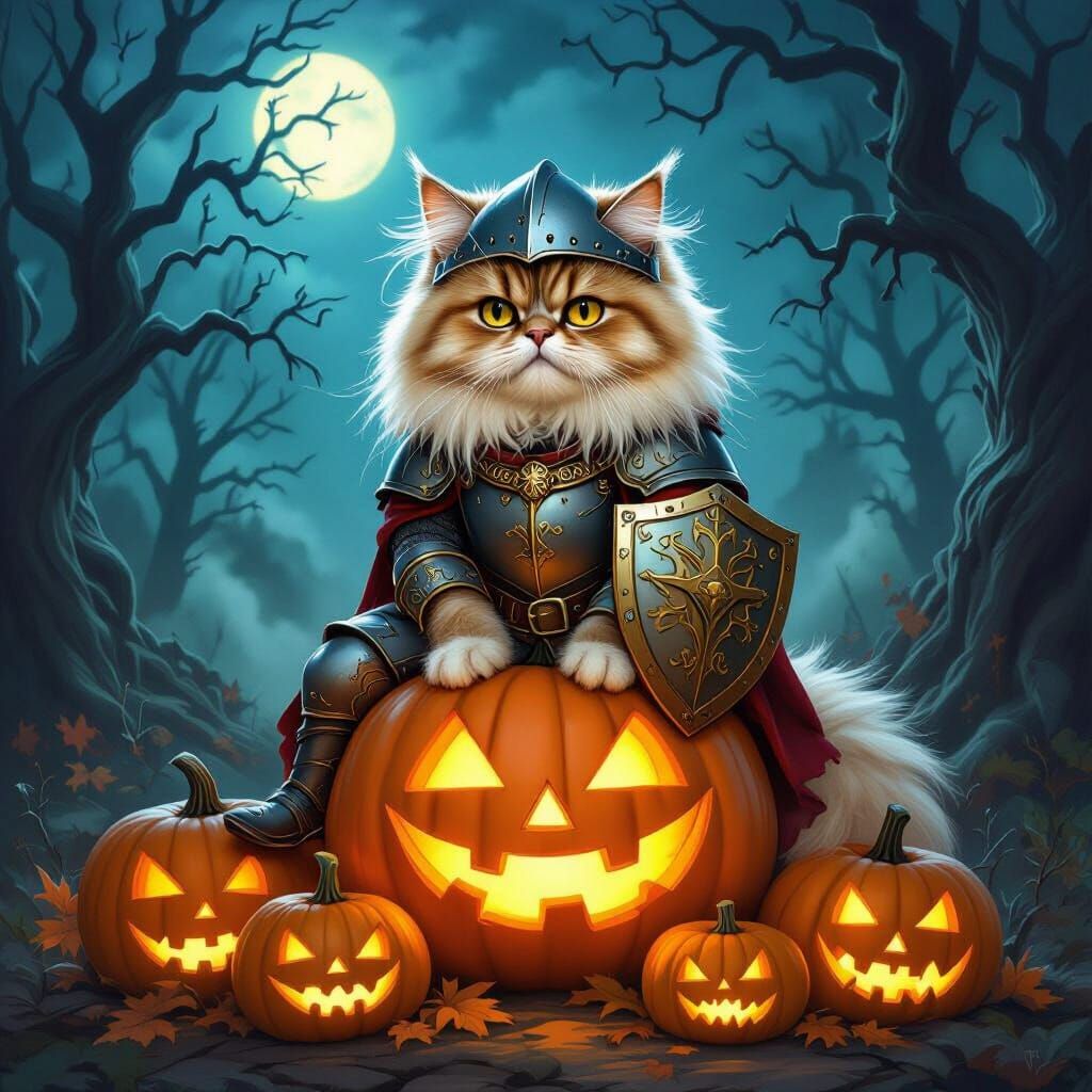 Persian Cat Knight on Glowing Pumpkins in Spooky Forest