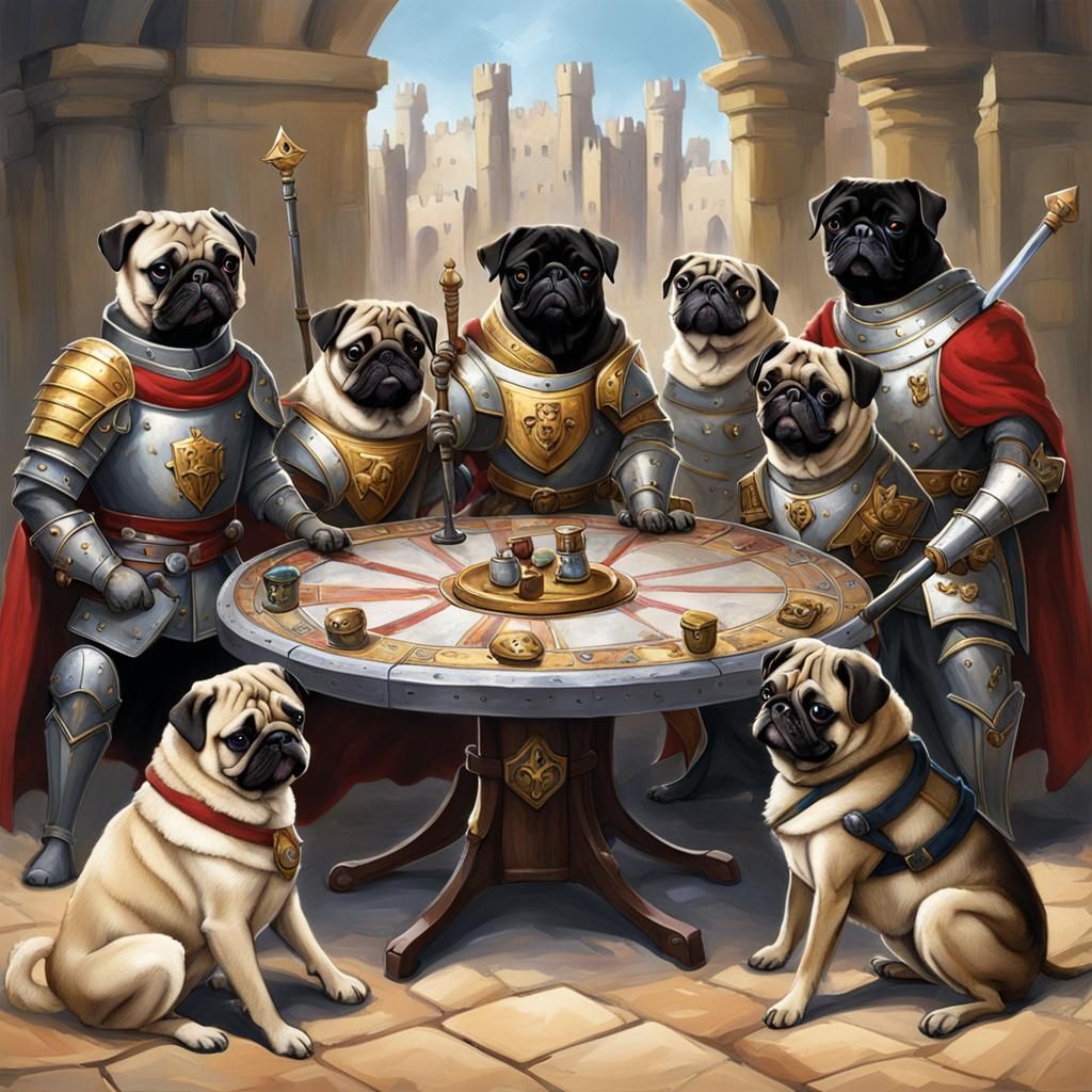 Pug Knights of the Round Table: A Canine Arthurian Scene