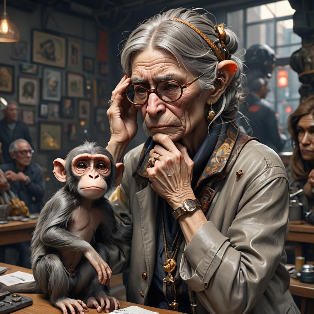 Monkey Woman Crying, Comforted by Toy, Detailed Art