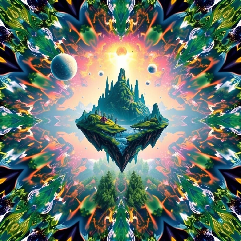 Surreal Kaleidoscopic World with Fractal Unicorns