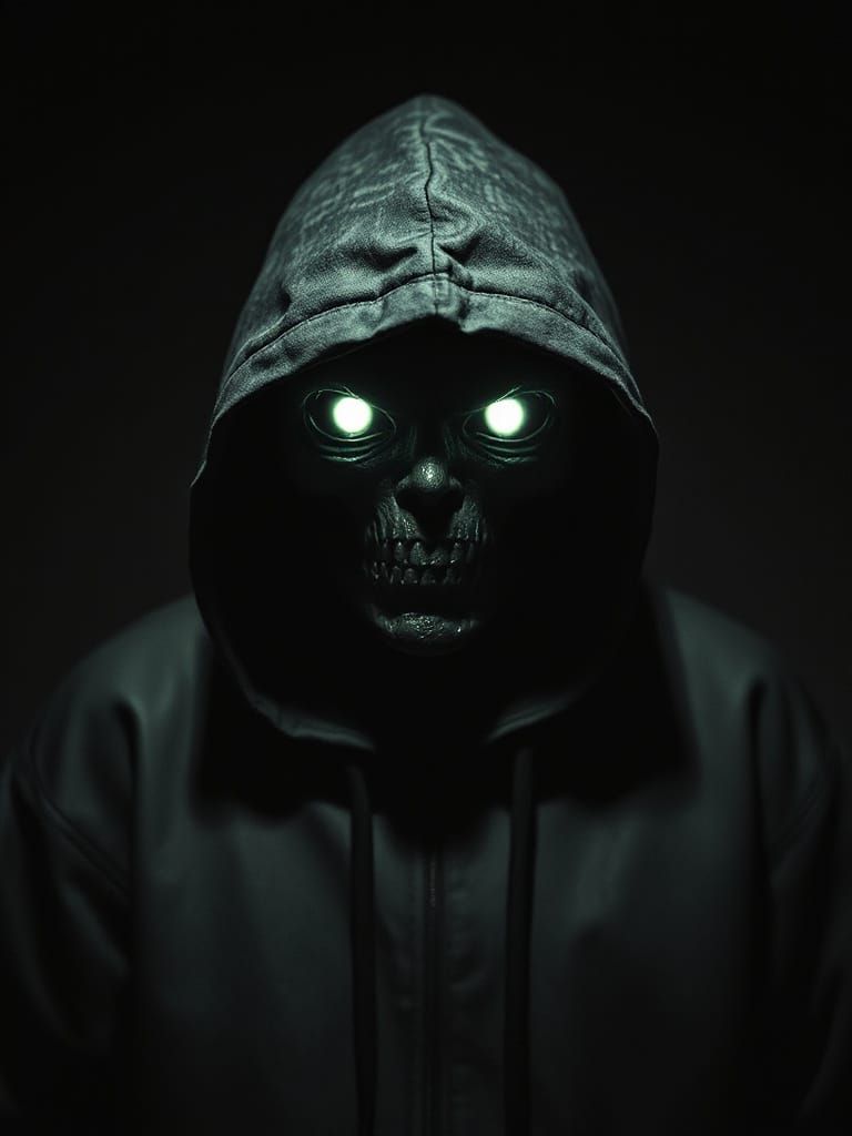 Dark Figure in Hoodie with Glowing Eyes, a Giger-Inspired Di...