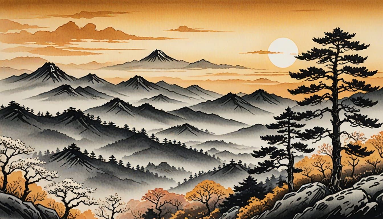 Traditional Japanese-Inspired Panorama of Spring Sunrise in ...