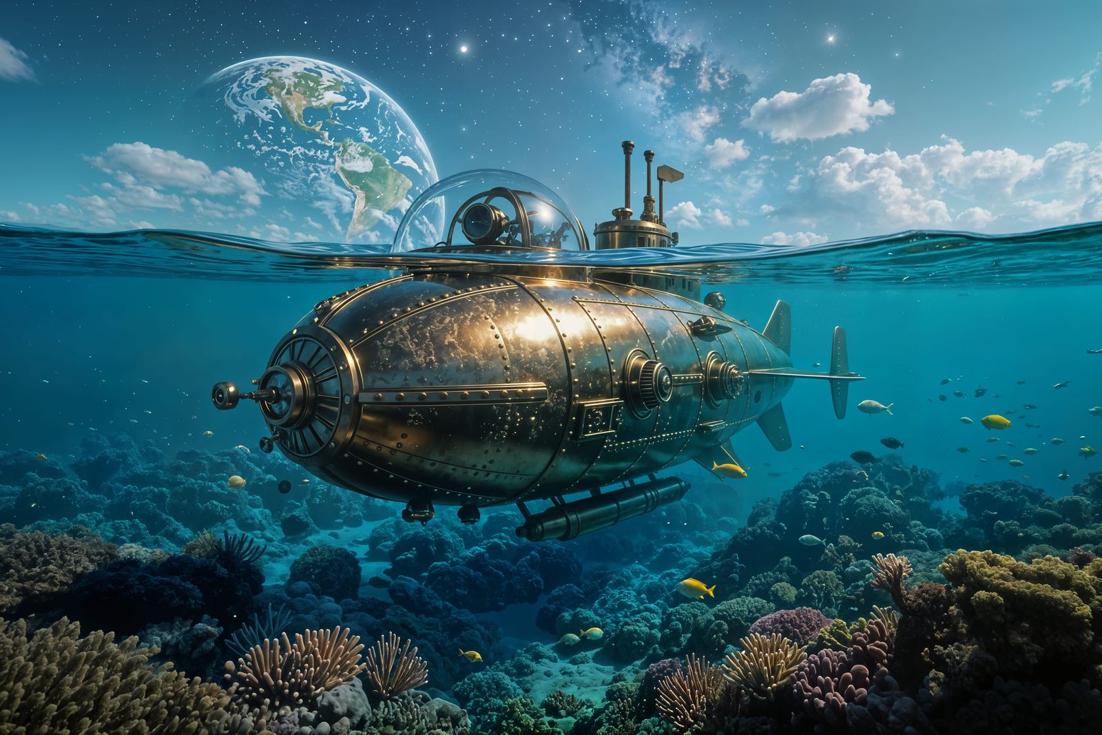 Steampunk Submarine on Ocean Floor: Sci-Fi Art