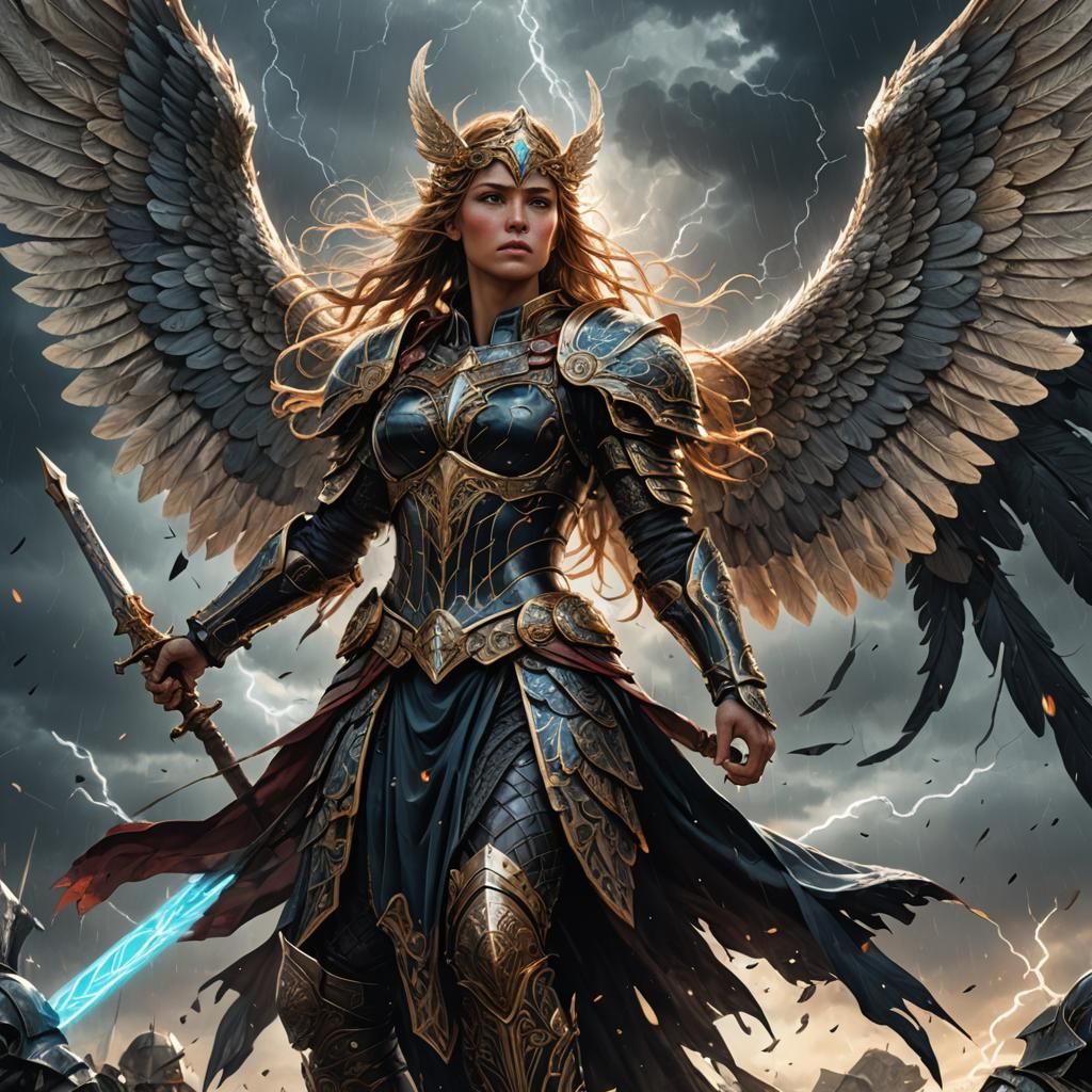 Valkyrie General in Stormy Battlefield, Dark Fantasy Art