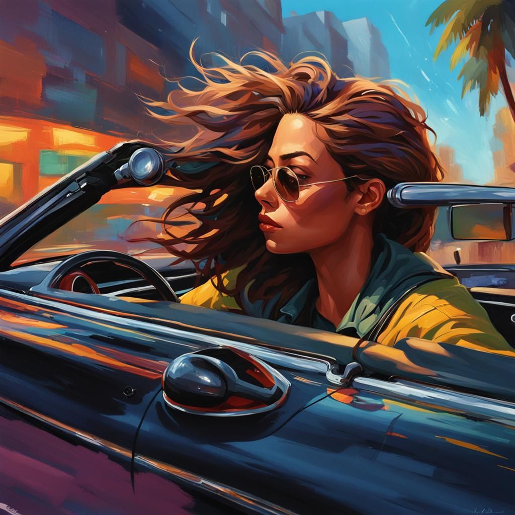 Windswept Woman in Black Convertible: Hyperrealistic Splash ...