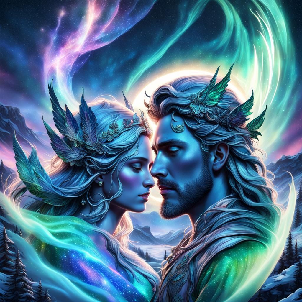 Romantic Couple Under Aurora Borealis: Fantasy Art