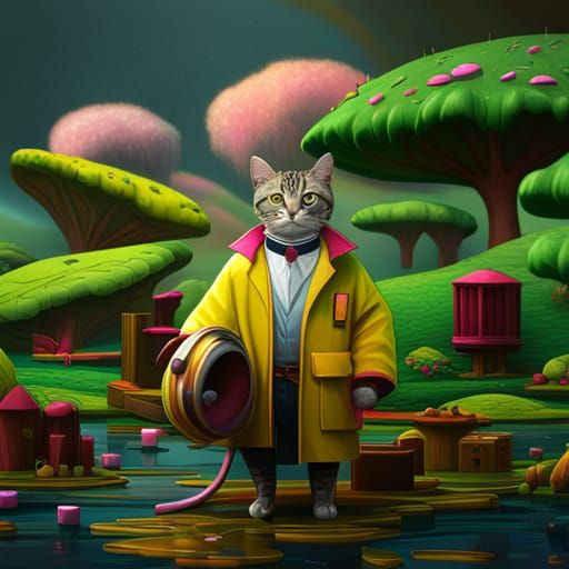 Teamwork Cat in Cubism Style with Mice