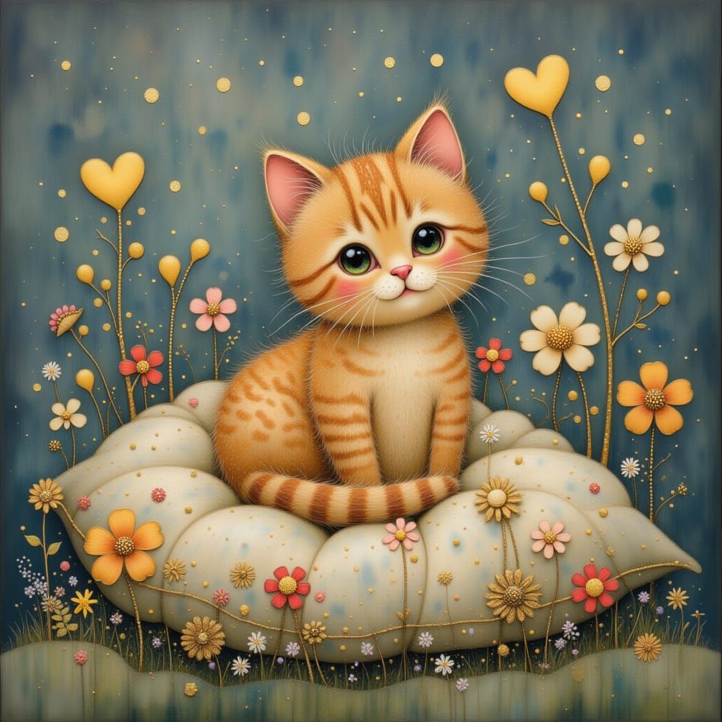 Cute Cat Surrounded by Flowers and Heart Lights