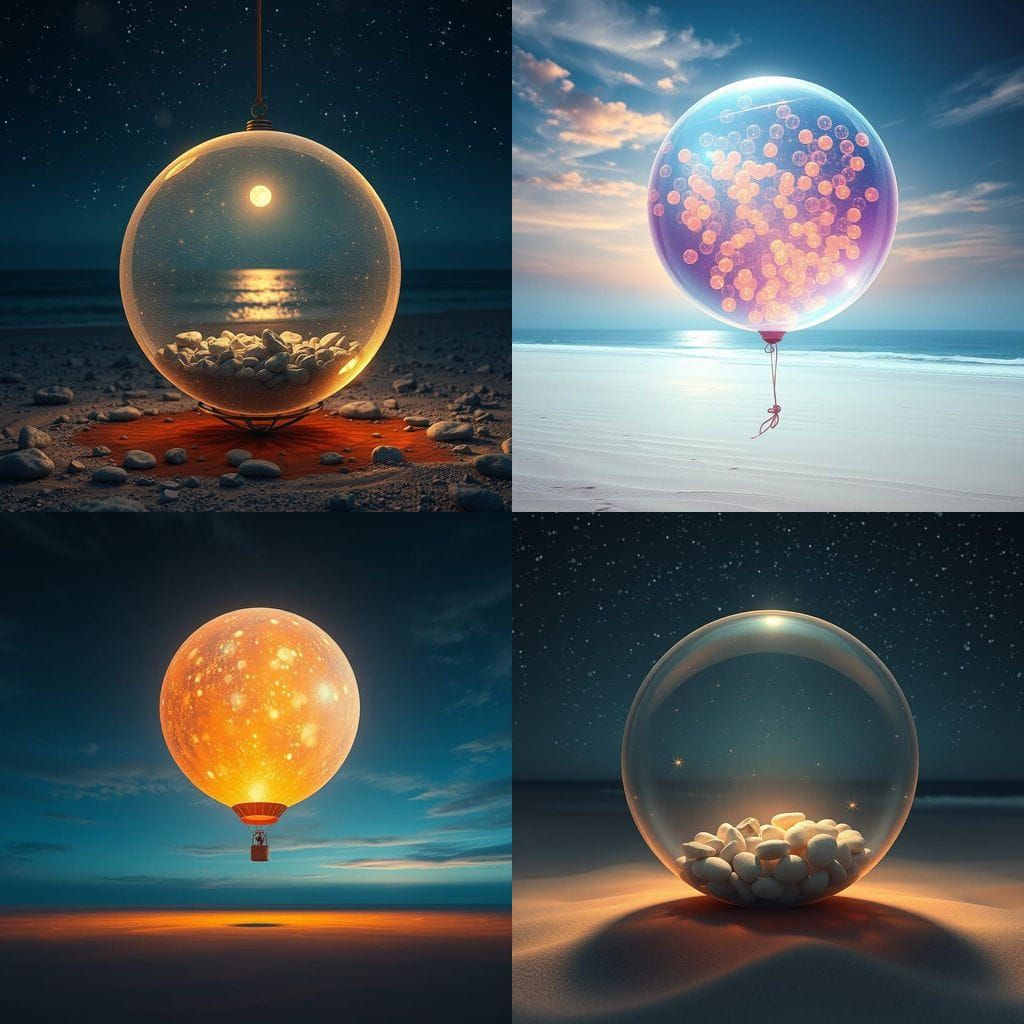 Ethereal Balloon of Shining Pebbles Under Starry Skies
