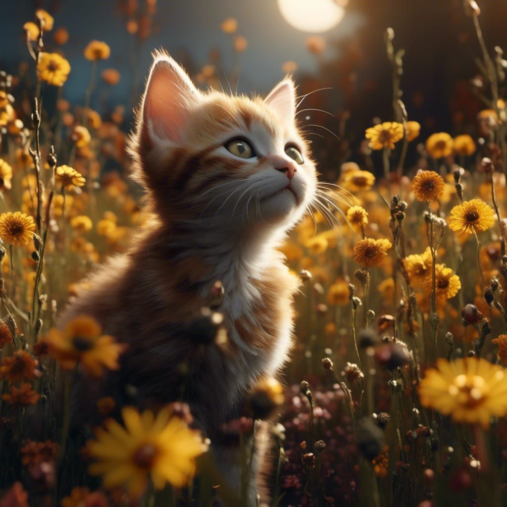 Kitten in Flower Field Bathed in Sunlight