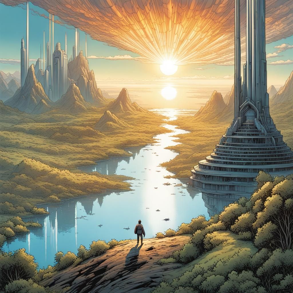 Utopian Renewable Energy Landscape in Comic Book Style