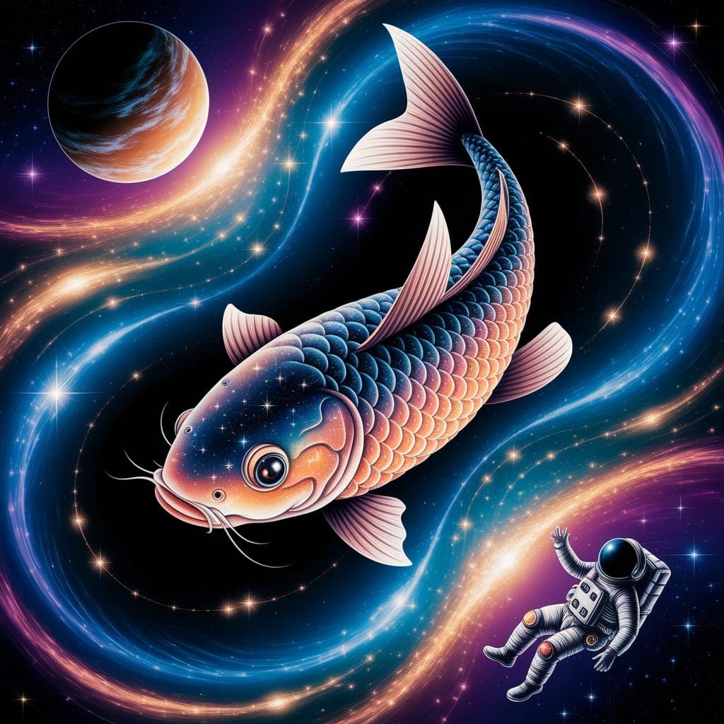 Stardust Koi in Cosmic River: Space Fantasy Art