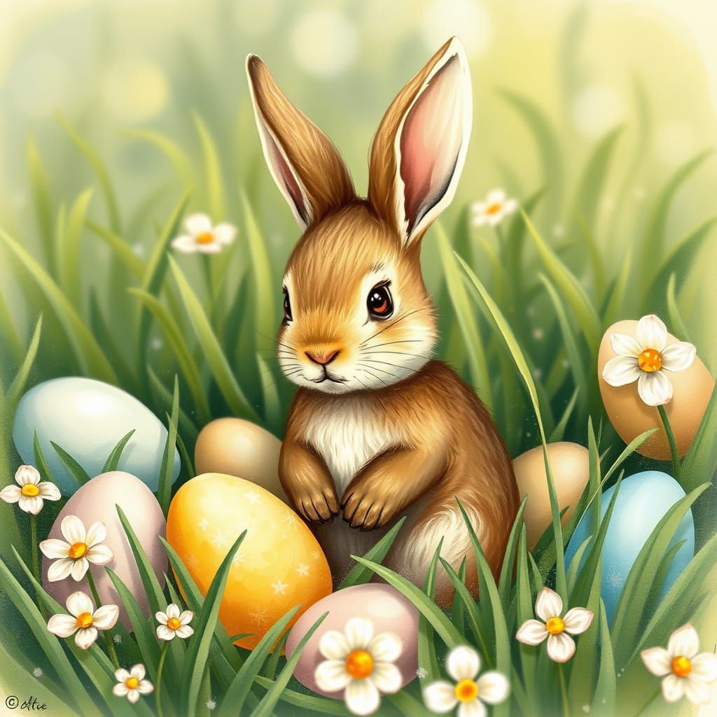 Whimsical Easter Bunny Scene in Beatrix Potter Style