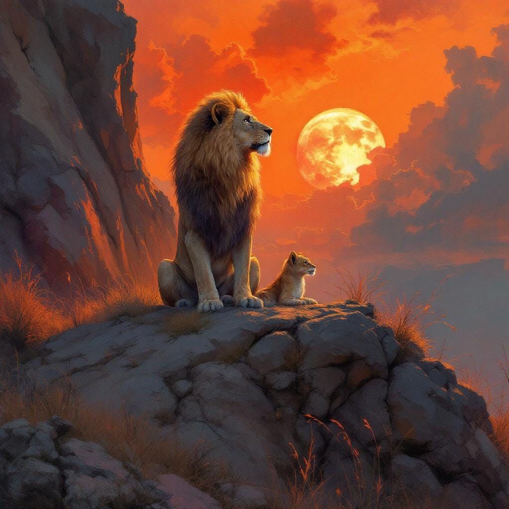 Lion and Lioness at Sunset: A Digital Landscape