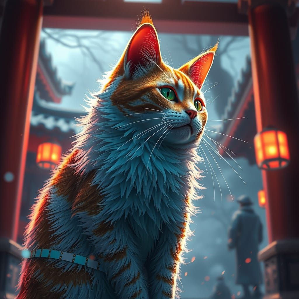 Hyperrealistic Shinto Shrine Cat Concept Art