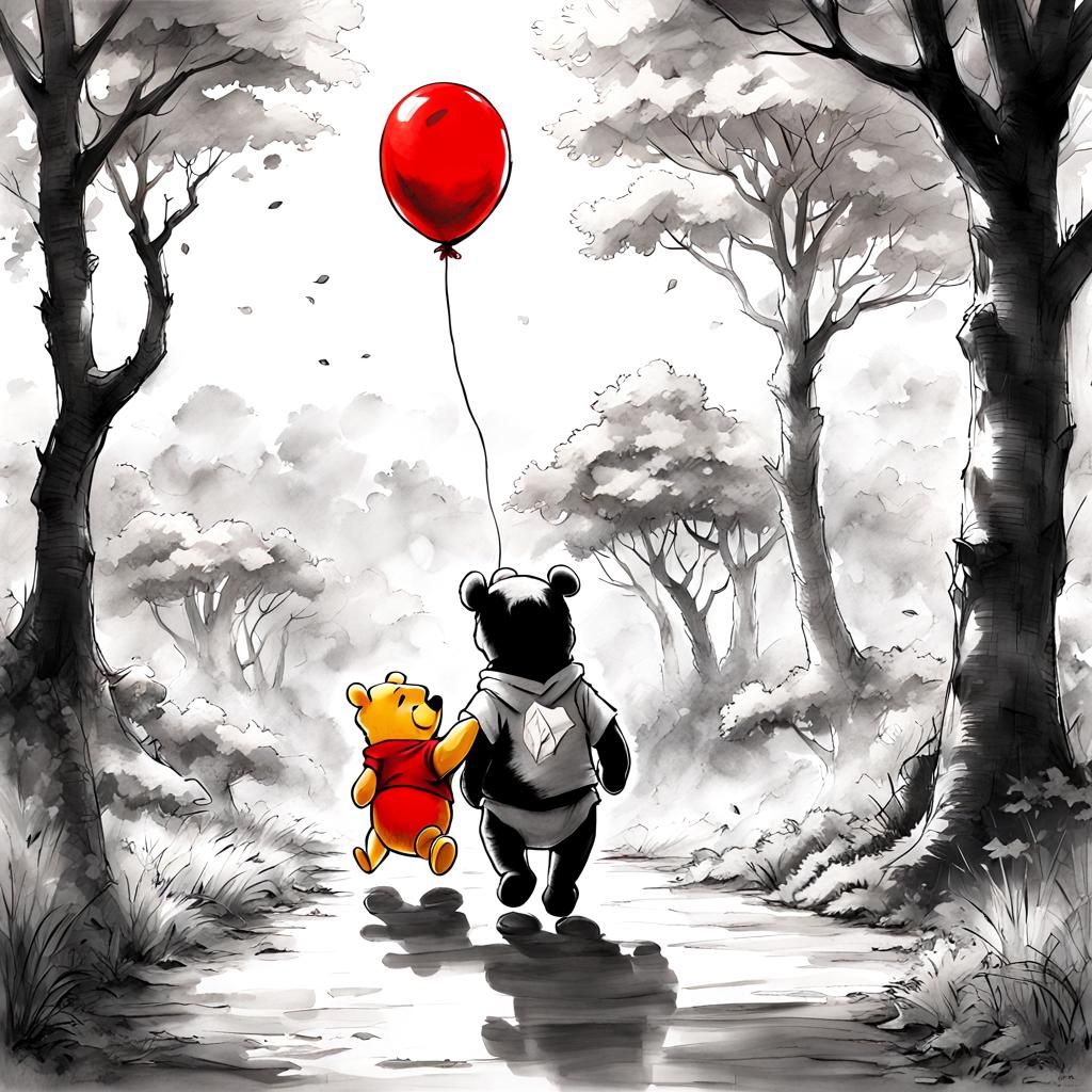 Winnie the Pooh with Red Balloon in Anime Style