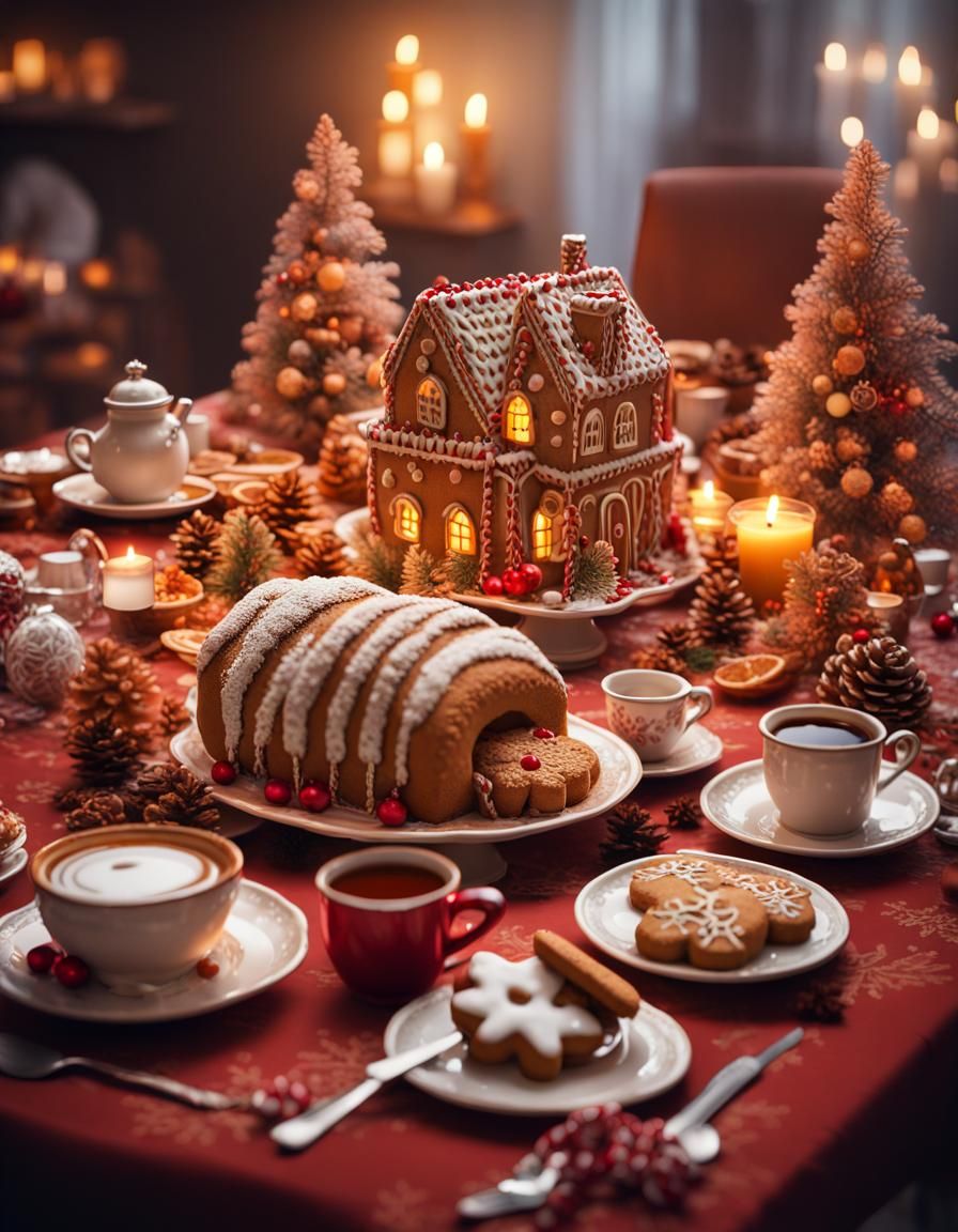 Festive Christmas Table with Gingerbread House Teapot