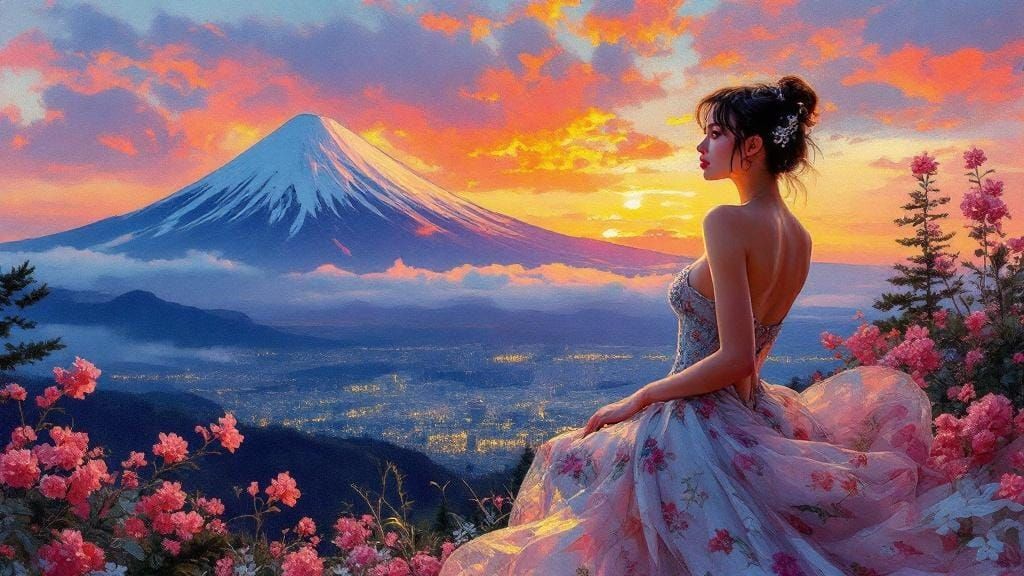 Mount Fuji Painting in Impasto Style with Neon Colors