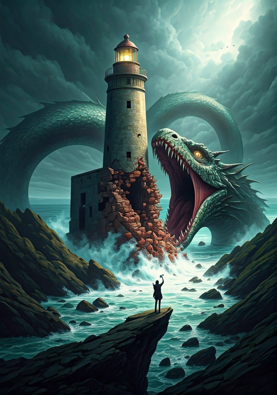Sea Serpent Destroys Lighthouse: Macabre Fantasy Art